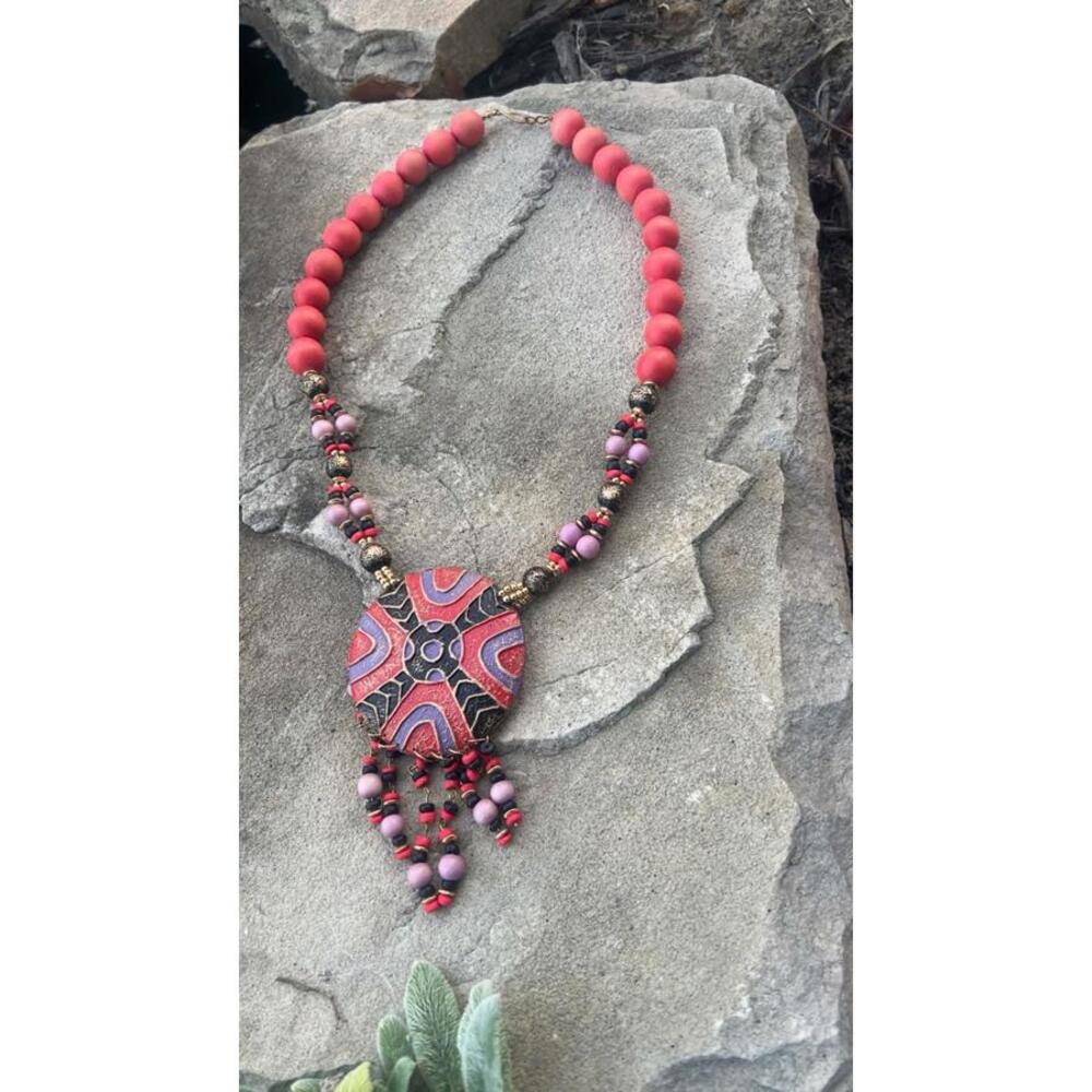 VTG Boho Statement Pendant Necklace Eccentric Tribal Earthy Festival Maximalist